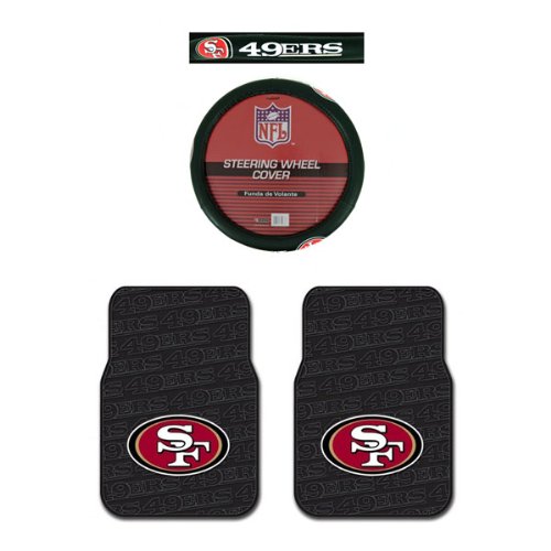 A Set of 2 Universal-Fit NFL Rubber Floor Mats and a Comfort Grip Steering Wheel Cover - San Francisco 49ers