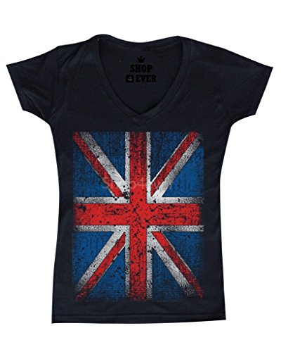 Union Jack Vintage British Flag Women V-Neck United Kingdom Flag Shirts #13315 2XL Black
