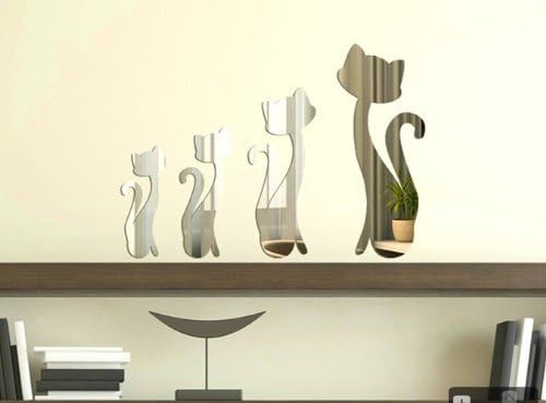 Apexshell(TM) Silver Shining Cute Cat Modern Stylish Simple Style Fashion Art Design Removable DIY Acrylic Mirror Wall Decal Wall Sticker for Kitchen Dining Room Home Decoration