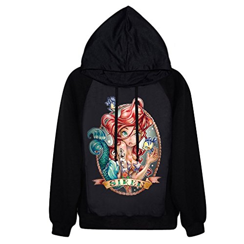 Ninimour- Fashion Digital Print Black Long Sleeve Hooded Sweater (mermaid)