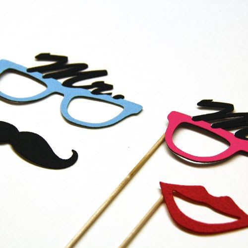 Mr and Mrs with Mustache & Lips Photo Booth Props for Weddings, Parties , Special Events - 4 Piece Set - Blue. Magenta and Black