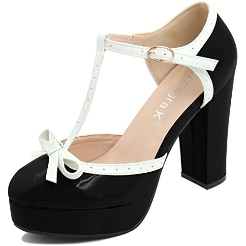 Allegra K Women Bow T-Strap Chunky Heel Platform Patent Pumps