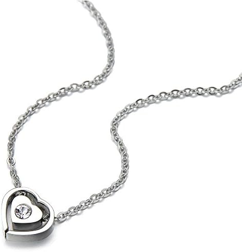 Small Double Love Hearts Pendant Necklace Stainless Steel with Cubic Zirconia and 18 Inches Chain