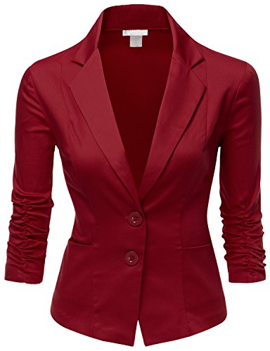 Doublju Women Cotton Span 3/4 Sleeve with Shirring Detail Blazer Burgundy Small