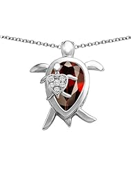 Original Star K (tm) Large Mother and Baby Turtle family Pendant with 12x8mm Pear Shape Simulated Garnet in 925 Sterling Silver