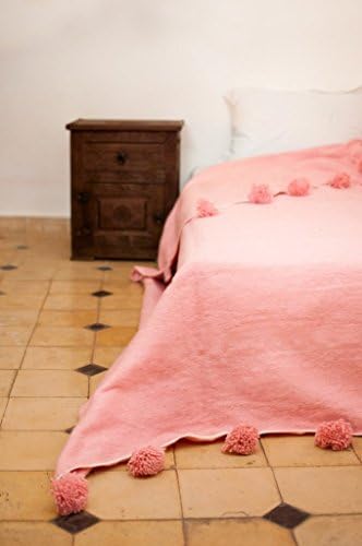 Pink Sugar. Moroccan Pom Pom Blanket Throw, Quilt, Bedding, Cotton. X-Large (94 x 118 inches / 2.4 x 3 m)
