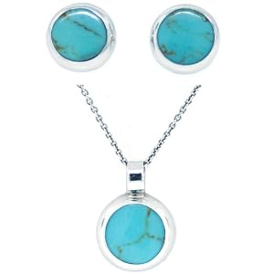 Sterling Silver Turquoise Inlay Round Button Earrings and Matching Pendant Set, 16