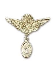 14K Gold Baby Badge with St. Christopher Charm and Angel with Wings Badge Pin
