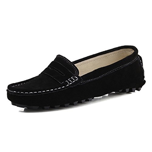 SUNROLAN Rebacca Women's Suede Leather Driving Moccasins Slip-On Penny Loafers Boat Shoes Flats