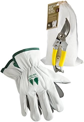 Gardening Tools Set by Fir Tree. Goatskin Leather Work Gloves and Stainless Steel Bypass Pruners.