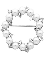 14K White Gold Akoya Cultured White Pearl and Diamond Circle Brooch -- LIFETIME WARRANTY