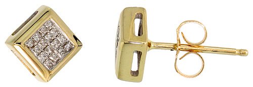 14k Gold Square Stud Diamond Earrings, w/ 0.25 Carat Invisible Set Diamonds, 1/4 (6mm)