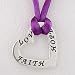 Heart Shaped LOVE, FAITH, HOPE Sterling Silver Affirmation Band on Purple Satin Necklace, 16in - 18in long, #8876