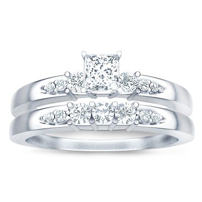 1.00 Carat Princess Diamond Engagement Ring Bridal Set on 10k White Gold