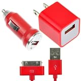 EarlyBirdSavings USB AC Home Wall + Car Charger + Data Cable for iPod Touch iPhone 2G 3G 3GS 4S 4 Red- Fast Shipping via ePacket USPS with Tracking Number