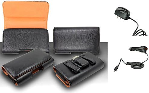 Alcatel One Touch Pop Mega LTE A995L (Straight Talk) Pouch Case - Premium Premium Classic Black Pebble Texture Leather Design Horizontal Leather Belt Case Clip Holster Pouch Cover Case (Fit for Single Phone ONLY) + Travel (Wall) Charger &amp; Car Charger