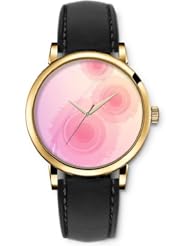 SPRAWL Aanalog Fashion Series Gold Ladies Watches of Genuine Black Leather Strap,Unique Wrist Watch for Women Girls Designed with pink circle