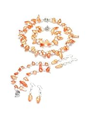 Hydia Two Strands Orange Blister Pearl Necklace Bracelet Earrings Jewelry Set 925 Sterling Silver Clasp