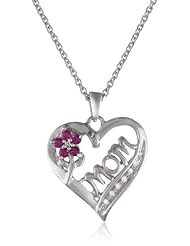 Sterling Silver Round Created Ruby Diamond Mom Heart and Flower Pendant Necklace 18"