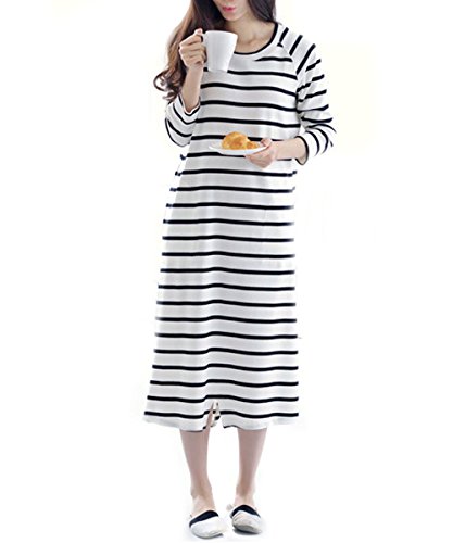 WeBling 春 夏 秋 ワンピース レディース ストライプ 七丈袖 カジュアル 普段着 チュニック ゆったり 女性用 ルームウェア 部屋着 便利服 棉 可愛い 大きいサイズ 全4サイズ 選べる2色