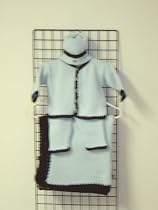 Cpk601bk, Knitted on Hand Knitting Machine Baby Blue Cotton then Finished by Hand Crochet with Dark Brown Chenille Cardigan Sweater, Pant, Hat Set and Matching Blanket
