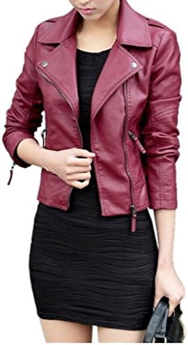 GOODONLY Women's Trendy Faux Leather Moto Slim Fit Jackets Zipper Red