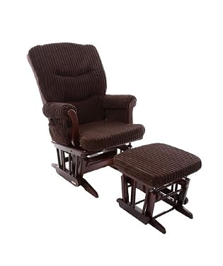 Dutailier Jenny Dark Cherry Glider Chair and Stool Set - Jumbo Cord Chocolate Cushion