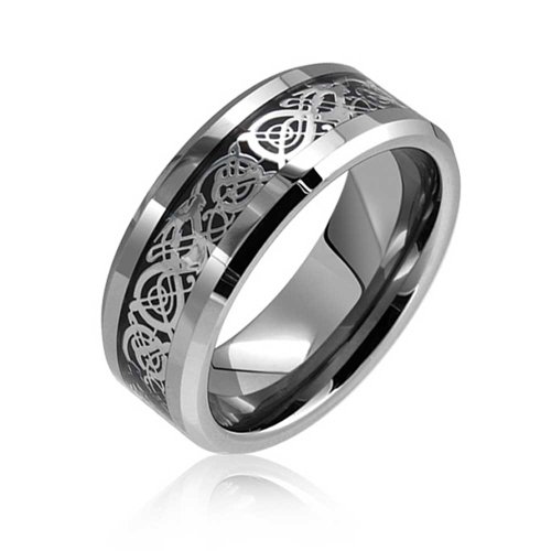 St Patricks Day Jewelry Tungsten Celtic Dragon Black Inlay Flat Comfort Fit Wedding Band