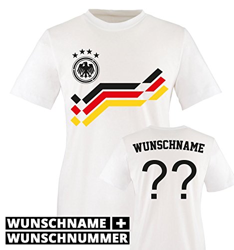 EM 2016 – RETRO-TRIKOT – WUNSCHDRUCK – Kinder T-Shirt – Weiss / Schwarz-Rot-Gelb Gr. 110-116