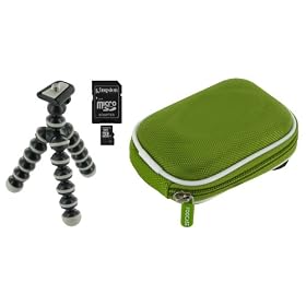 rooCASE 3n1 Nylon Hard Shell Memory Foam (Green) Case / Kingston 4GB Micro SD Memory Card / Flexible Tripod for Kodak Zx3 PlaySport Camcorder
