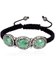 18kt Gold Diamond Pave Emerald Charm Stretch Macrame Bracelet Silver Gemstone Jewelry