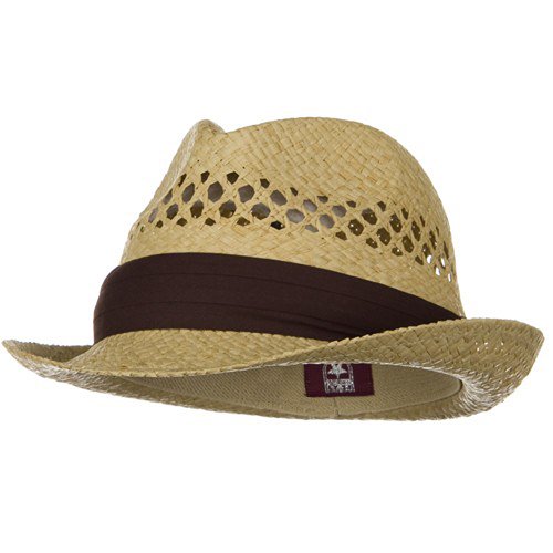Vented Raffia Straw Fedora Hat-Natural with Brown Band W20S69E