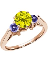 0.71 Ct Round Canary Diamond Blue Tanzanite 18K Rose Gold 3-Stone Ring