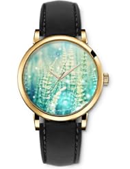 SPRAWL Aanalog Fashion Series Gold Ladies Watches of Genuine Black Leather Strap,Unique Wrist Watch for Women Girls Designed with Branch Landscape