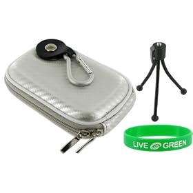 Hard Carrying Case (Candy Silver) and Tripod for Sony Cybershot DSC-W220 Digital Camera Black