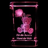  : 3D Laser Kristall Glasblock mit LED Beleuchtung - Teddy mit Rose Schriftzug FÜR DIE BESTE MAMI DER WELT