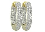 14K Yellow Gold 0.08cttw Shiny Double Sided Ball Room Pave Set Diamond Hoop Earrings