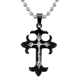 Gothic Chic: Stainless Steel Gunmetal Medieval Gothic Cross Pendant with Flame Tattoo Motif on a Steel Ball Chain