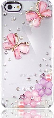Bling iPhone 5s Case, Bling iPhone 5 Case, TEAM LUXURY® 3D Swarovski Crystal PINK Butterflies Hard Clear Case Cover (100% Handcrafted by TEAM LUXURY® in USA) + FREE "TL Premium Screen Guard"