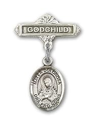 Sterling Silver Baby Badge with Mater Dolorosa Charm and Godchild Badge Pin