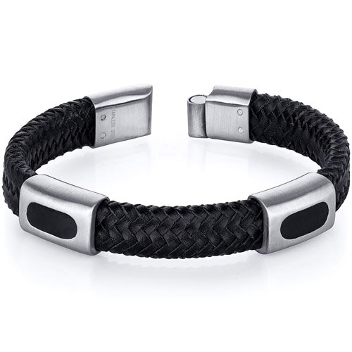 Mens Black Woven Leather and Stainless Steel Bracelet