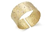 14K Yellow Gold Matte and Hammered-Finish Hand-Crafted Cuff Bracelet, Enhanced with Scattered White Gold Bezel Set Diamonds.