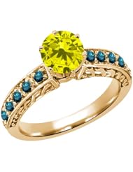 1.10 Ct Round Canary and Blue Diamond 925 Yellow Gold Plated Silver Ring