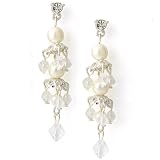Cluster Drop Simulated Pearl Clear Crystal Silver Tone Earrings