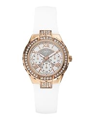 GUESS Womens U0300L2 Mid-Size Multi-Function White Silicone Watch with Rose Gold-Tone Case & Genuine Crystal Accents