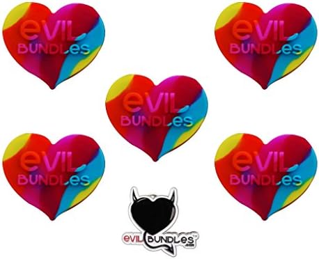 5 Evil Bundles Silicone Concentrate Wax Oil Non Stick Heart Jar Container (Rainbow) FREE PIN
