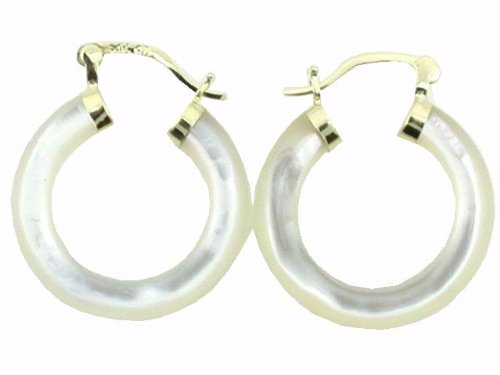 White Mother Of Pearl Traditional Hoop Earrings, 14k Gold