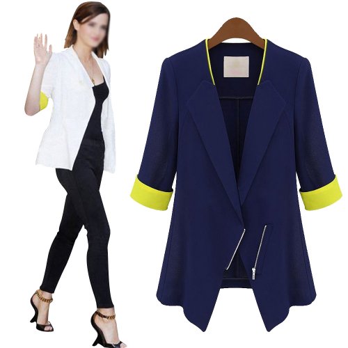 DJT Ladies 3/4 Sleeve Zipper Contrast Color Casual Spring / Summer Blazer