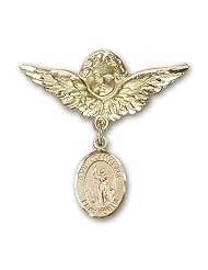 14K Gold Baby Badge with St. Joan of Arc Charm and Angel with Wings Badge Pin
