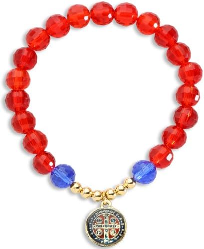 Catholic Religious Wear Saint Benedict Medal Elasticated Bracelet With Red & Blue Color Glass Crystal Beads